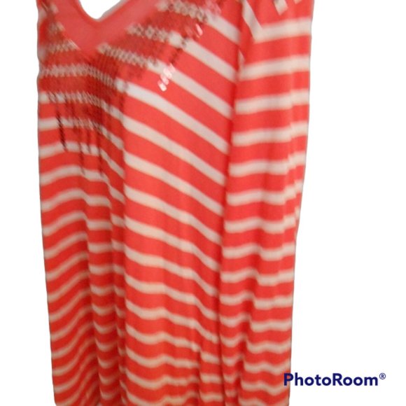 Women's Plus Size Stripe V Neck T Shirt Orange White Striped Sequins NWT - Picture 5 of 11